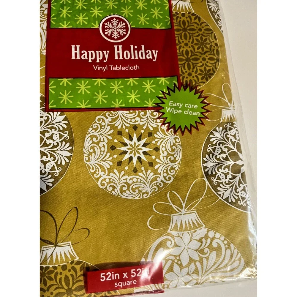 Christmas Ball Ornaments Gold Vinyl Tablecloth Flannel Backed Holiday 52x52